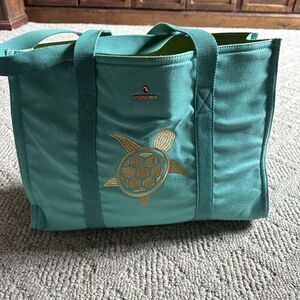 Spartina 449 large canvas tote beach bag turquoise blue gold Turtle  EUC